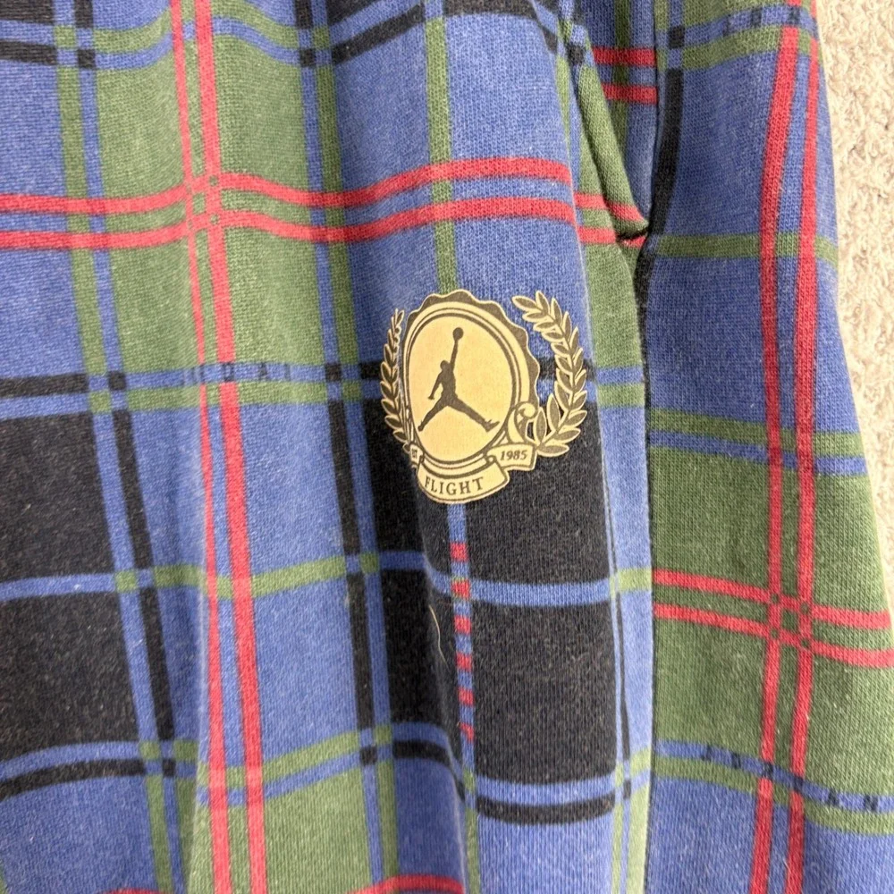 Jordan Flight Pants Mens Large Blue Plaid Fleece Joggers Jumpman Logo Nike